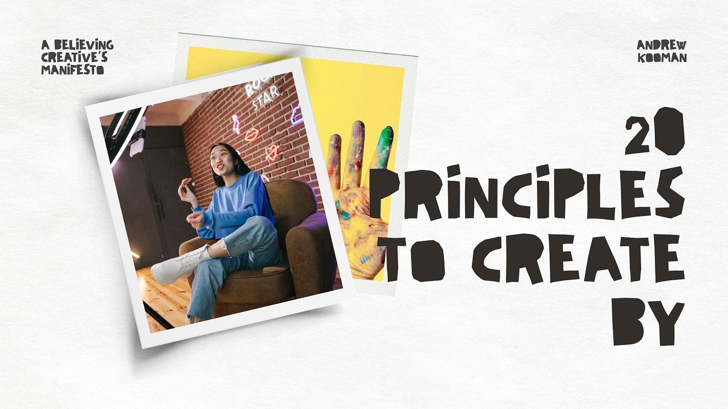 A photo of a woman video streams to YouTube on a comfy chair in front of a brick wall beside a photo of hands covered in paint - images that highlight different types of faith-based creativity