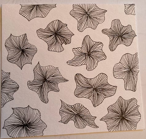 Flower-like abstract forms, drawn in black pen, with many small lines, radiating from the center of each shape, filling in the shape. Poppy-like flowers and four-petalled flowers clustered in various arrangements; abstract watercolor in curving shapes of yellows, reds, green, blue, deep purple and brown.