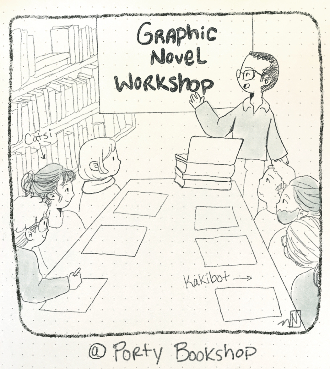 A drawing of several people at a table looking at a screen that says "Graphic Novel Workshop." Arrows point to one person on the left that says "Catsi" and another person on the right that says "Kakibot."