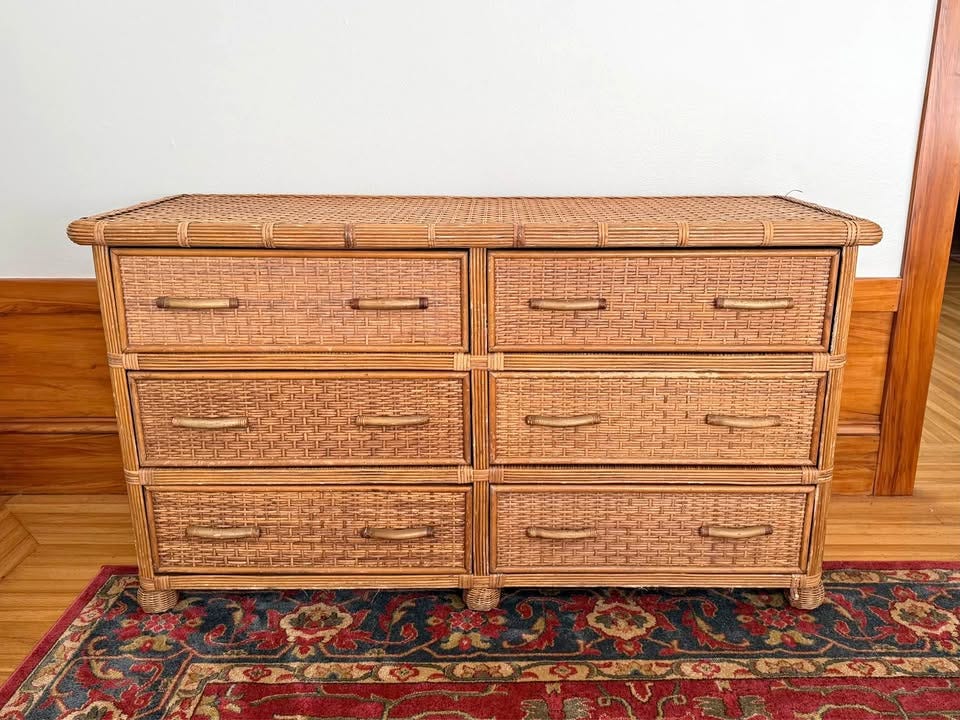 Product photo of Vintage boho rattan wicker 6-drawer dresser