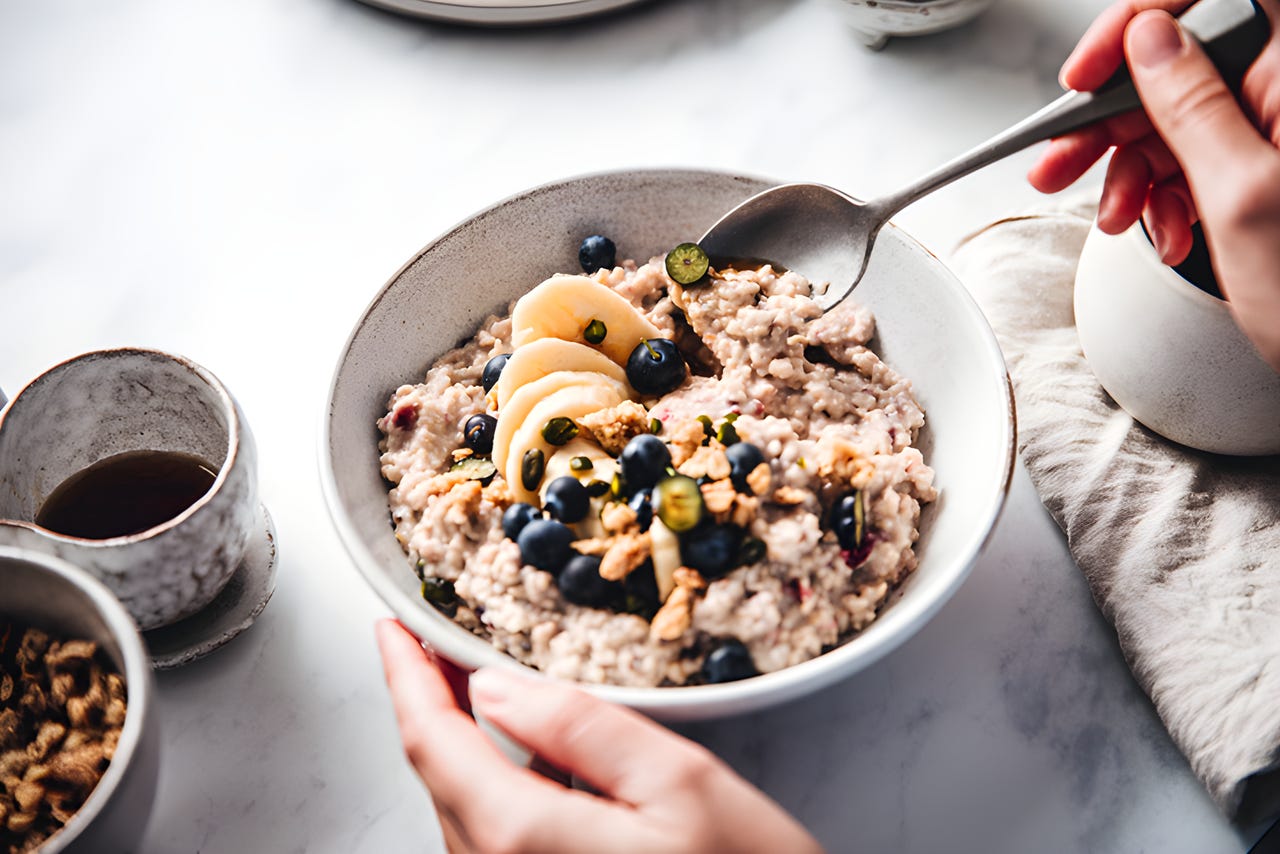 Bowl of oatmeal with blueberries and banana