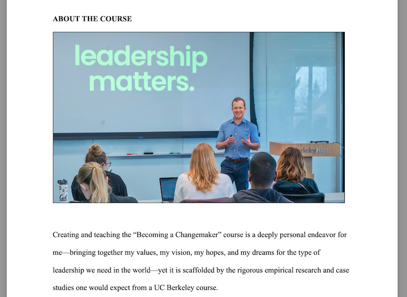 A screen shot of the "About the Course" section in Alex Budak's book proposal