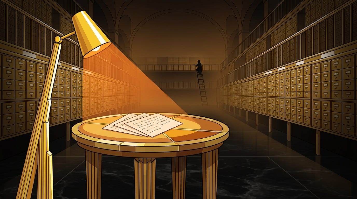 The archive is enormous. What sits under the lamp is three cards.
