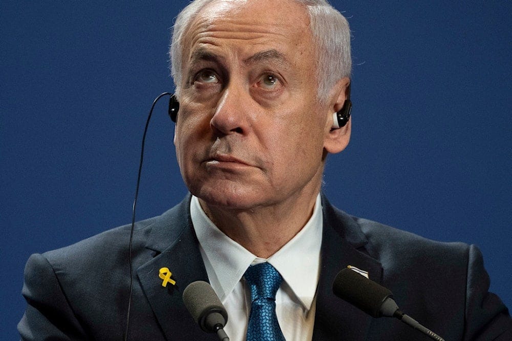 Israeli Prime Minister Benjamin Netanyahu looks up during a press statement at the Carmelite Monastery in the Buda Castle in Budapest, Hungary, April 3, 2025 (AP)