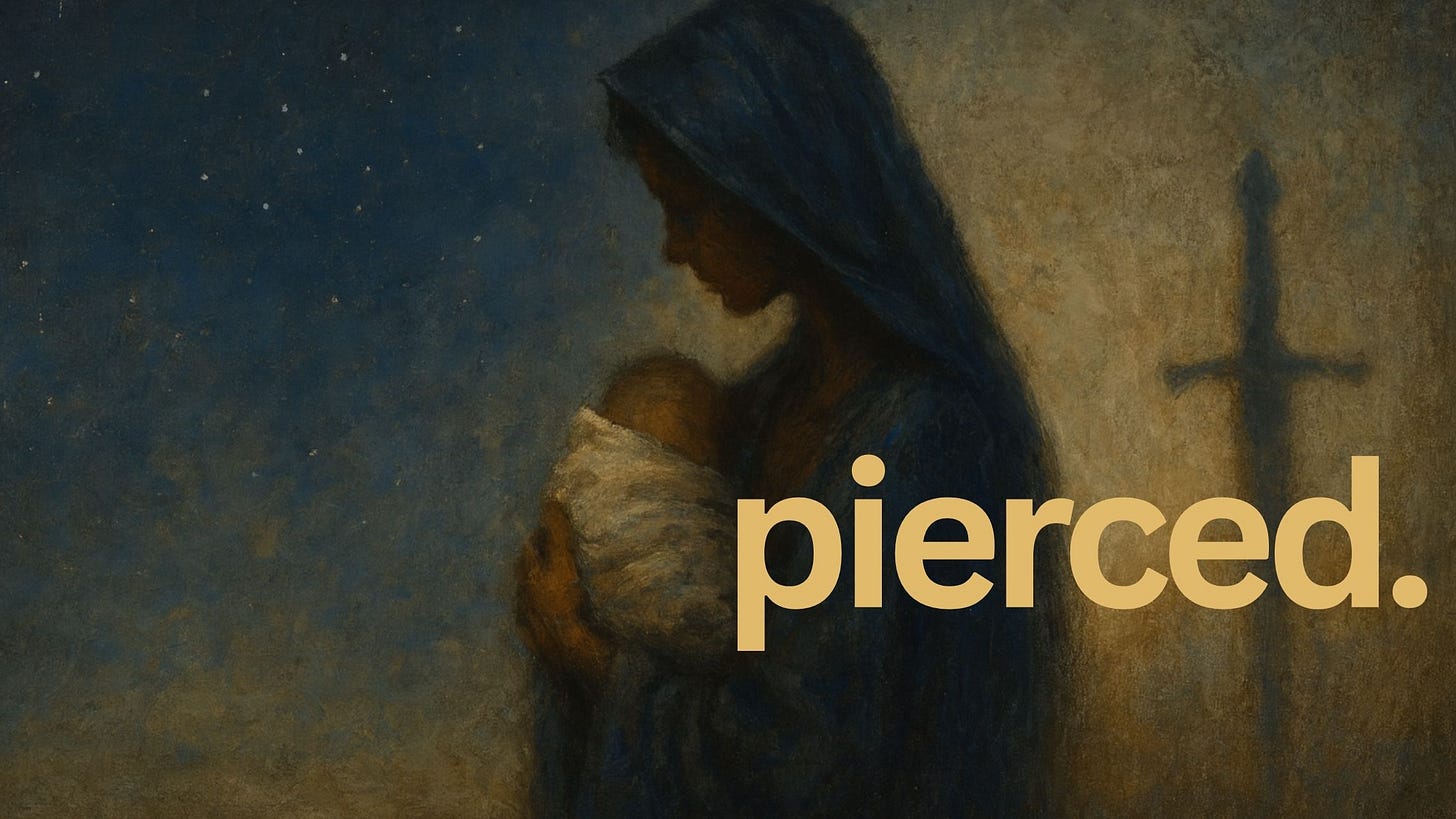 A painterly silhouette of Mary holding the infant Jesus under a starry sky, with the shadow of a sword cast behind her symbolizing the future sorrow that will pierce her soul.