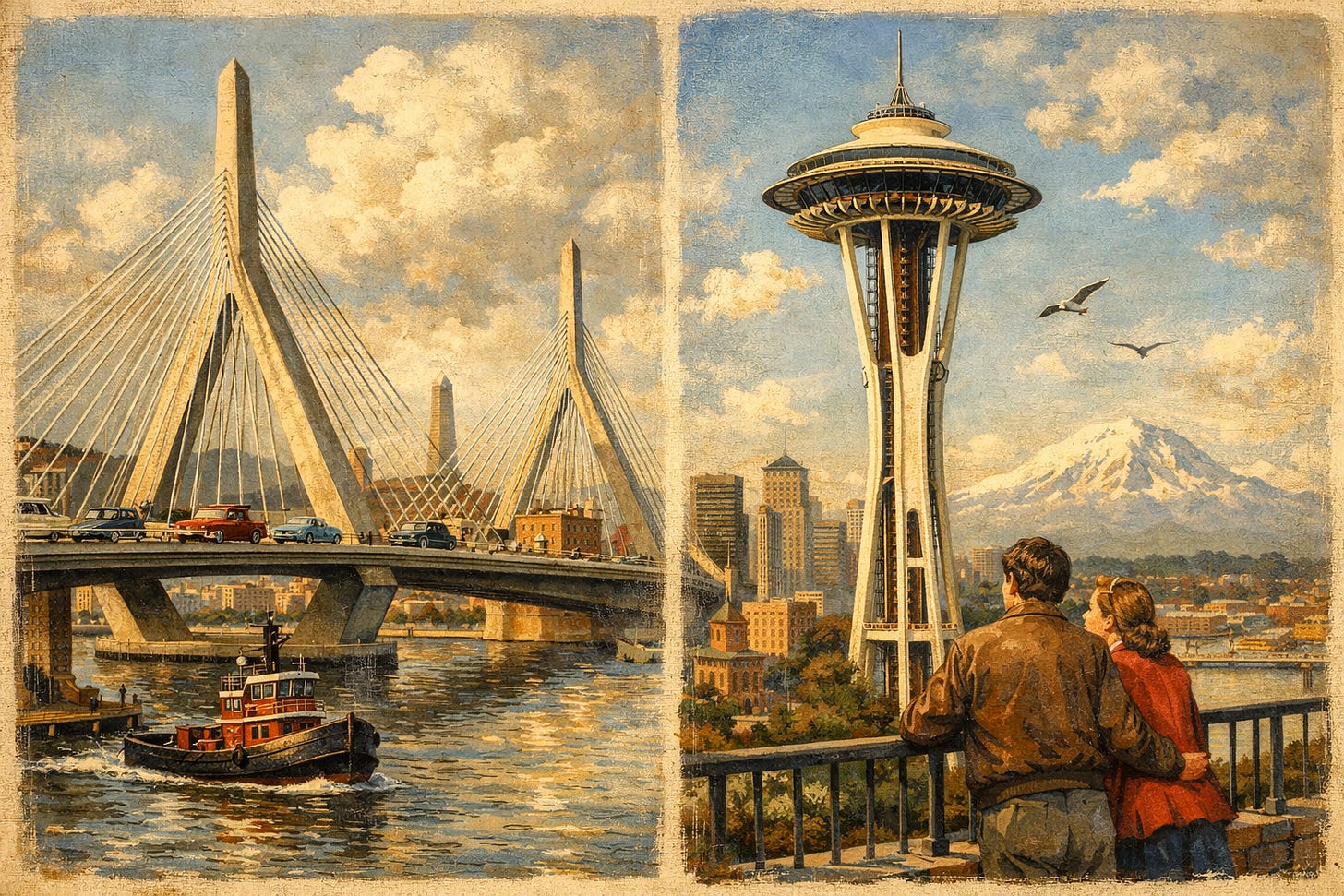 Boston's Zakim Bridge and Seattle's Space Needle in a Norman Rockwell style