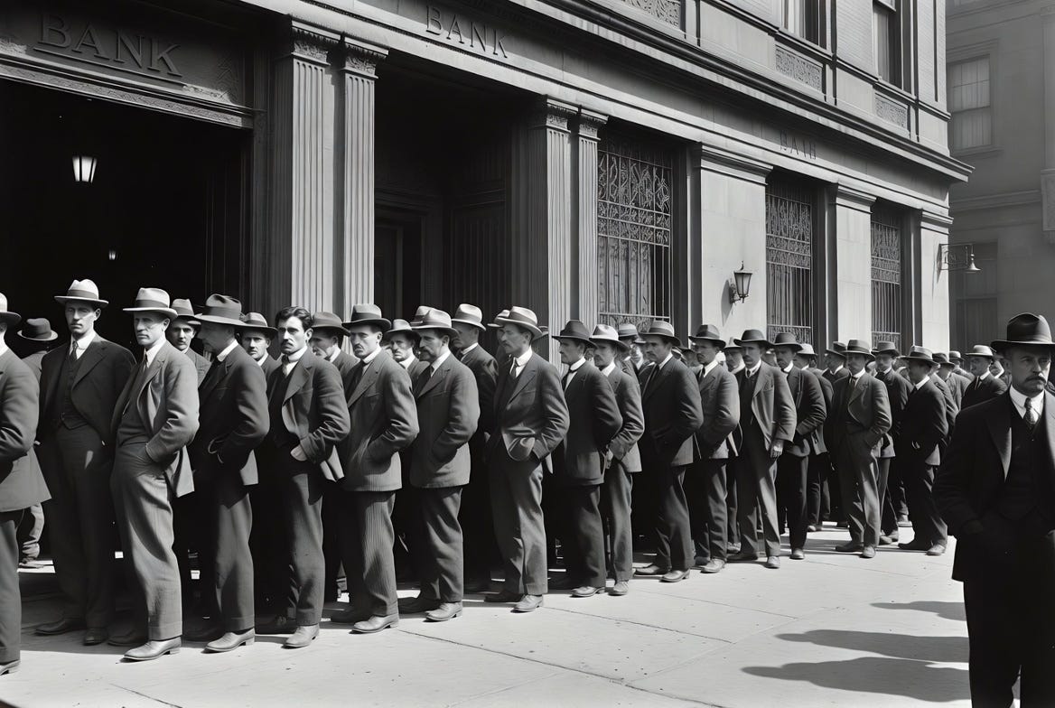 Period black and white scene of a long queue of men in early 1900s dress outside a bank building during a financial panic