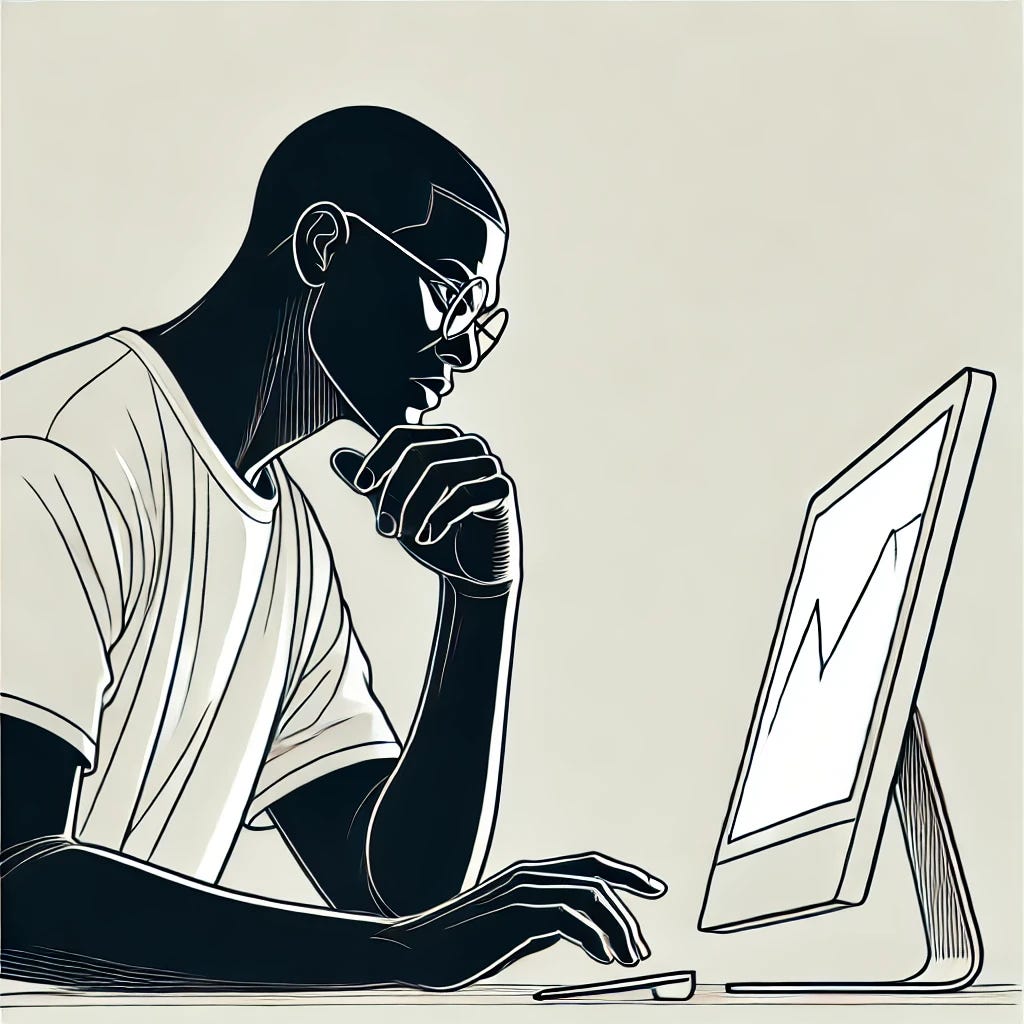 A minimalist illustration of a Black man deeply focused and analyzing something on a computer screen, showing deep thought and concentration. A minimalist illustration of a Black man deeply focused and analyzing something on a computer screen, showing deep thought and concentration.