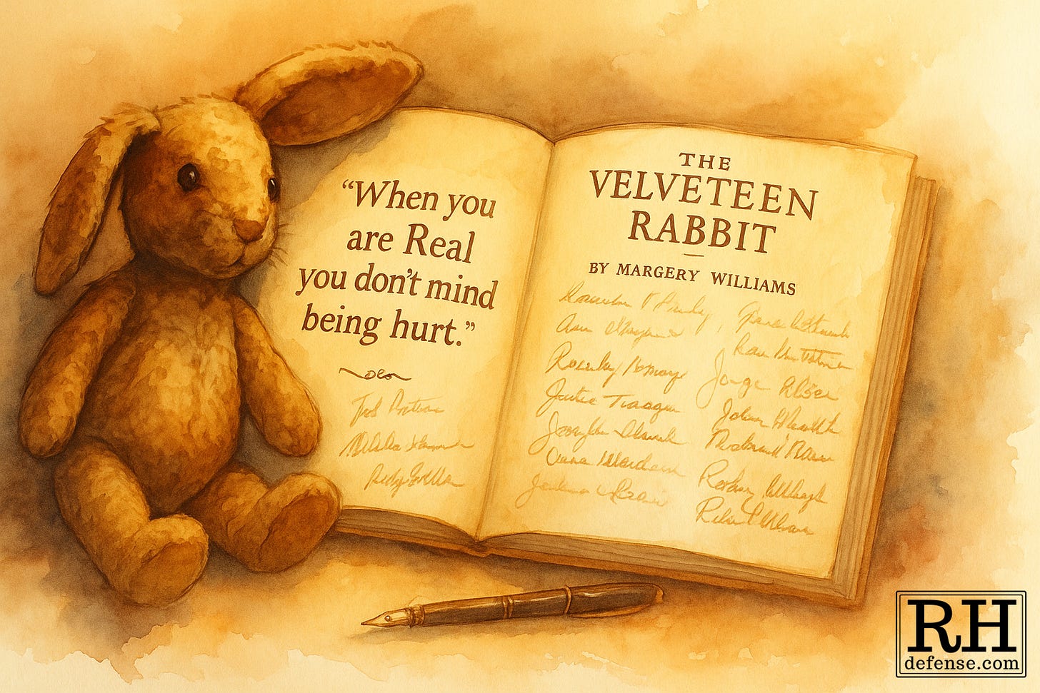 A watercolor-style illustration shows a worn stuffed rabbit lying beside an open, signed copy of The Velveteen Rabbit under gentle golden light. Inked signatures fill the pages, and one visible line reads, “When you are Real you don’t mind being hurt.” The edges of the image blur softly, evoking memory and tenderness. A watercolor-style illustration shows a worn stuffed rabbit lying beside an open, signed copy of The Velveteen Rabbit under gentle golden light. Inked signatures fill the pages, and one visible line reads, “When you are Real you don’t mind being hurt.” The edges of the image blur softly, evoking memory and tenderness.