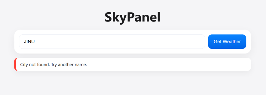 SkyPanel interface with a red “City not found. Try another name.” message under the search bar.