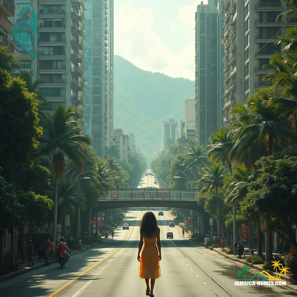 Downtown Kingston's sleek skyscrapers, wrapped in lush greenery and cascading waterfalls, surrounded by Jamaican vendors in sky-level public plazas, reggae murals on lower levels, amidst modern elevated roads, with tropical mountain backdrop, in a cinematic film still, inspired by the styles of Syd Mead, Ash Thorp, and Simon Stalenhag, with film grain, vignette, and color grading, evoking a sense of epic, atmospheric, and dramatic, 35mm film quality.