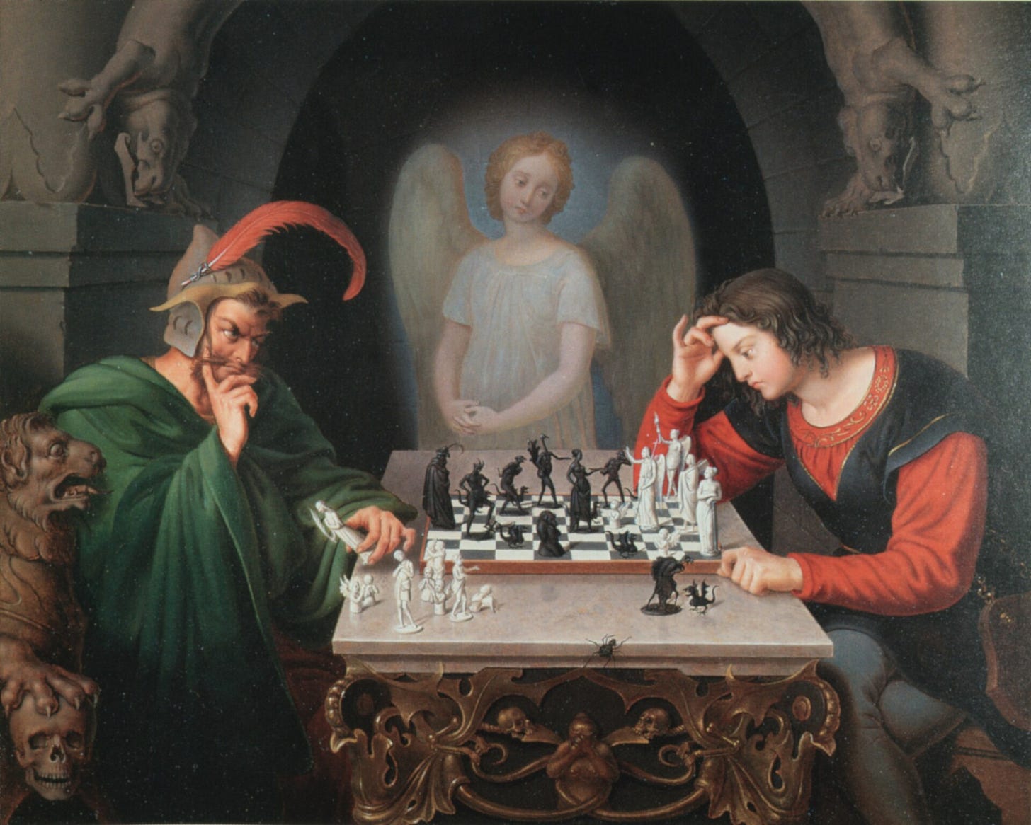 A devil in a green cloak and a red-feathered cap plays chess against a young man who holds his head in his hand, while an angel in white watches from behind the table.