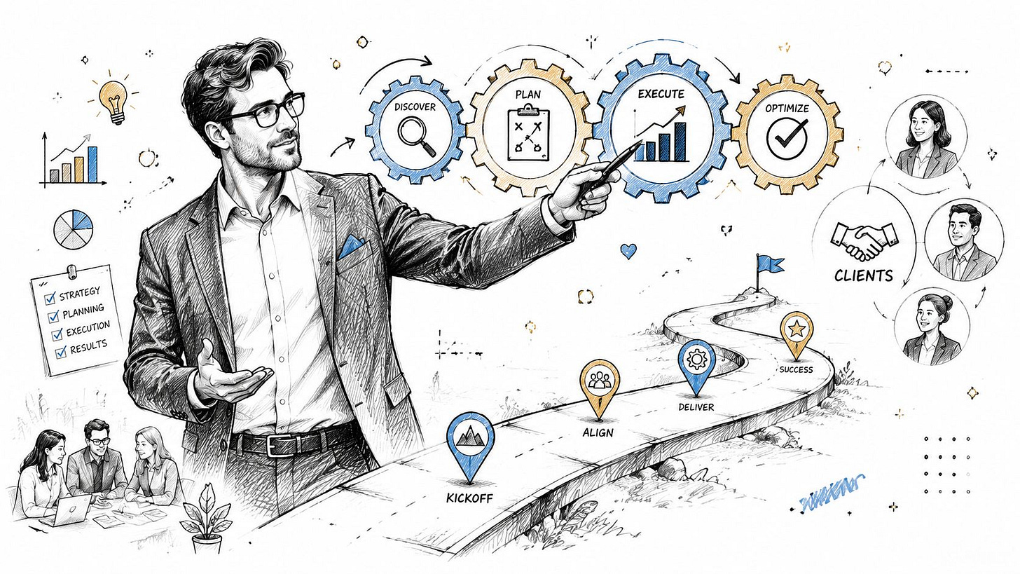 A professional business consultant gesturing toward a process diagram with gears and a successful project roadmap.