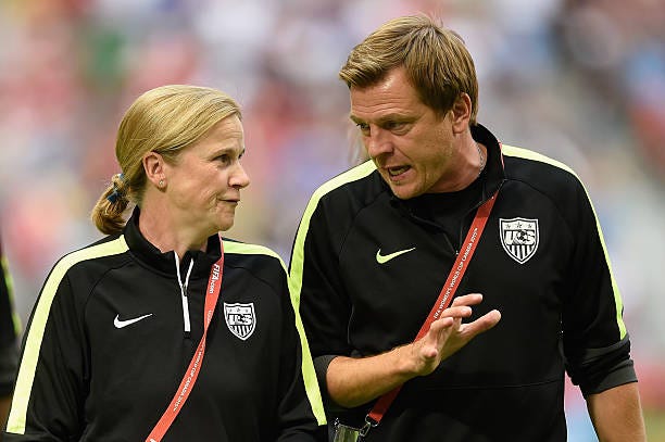 Coach Jill Ellis of USA tals to assistant coach Tony Gustavsson during the FIFA Women's World Cup 2015 Group D match between Nigeria and USA at BC... Coach Jill Ellis of USA tals to assistant coach Tony Gustavsson during the FIFA Women's World Cup 2015 Group D match between Nigeria and USA at BC...