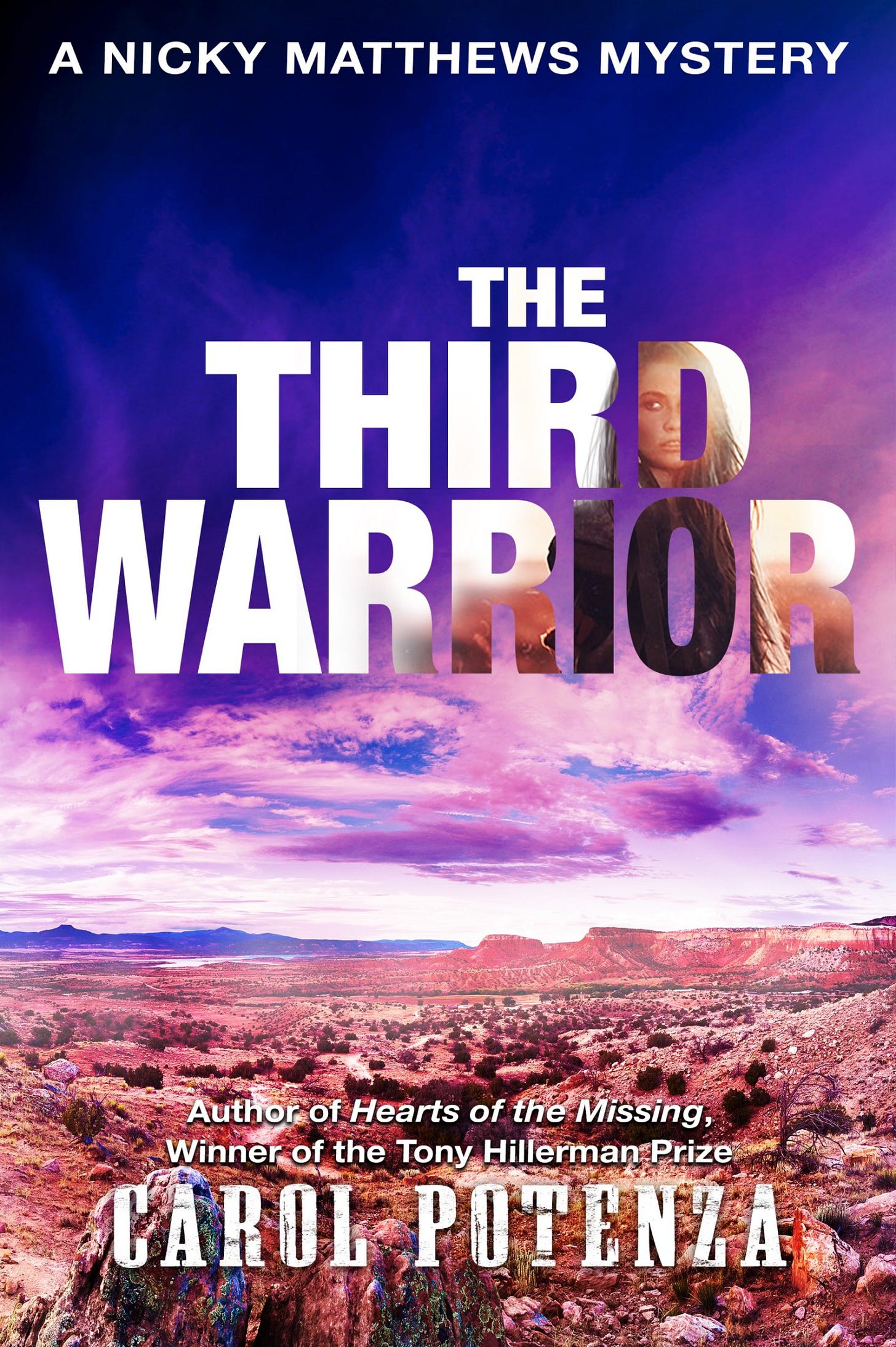 The cover of the book Thr Third Warrior with a high desert vist under a blue and pink sky The cover of the book Thr Third Warrior with a high desert vist under a blue and pink sky