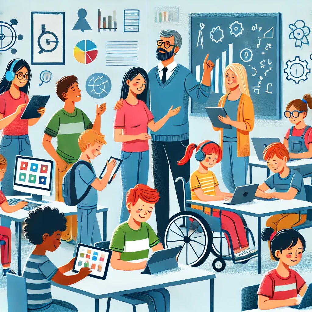 An illustration of a diverse classroom filled with students of different ethnicities and abilities, engaging with technology such as tablets and laptops. The teacher is guiding students as they explore and learn together in a colorful and inclusive environment.