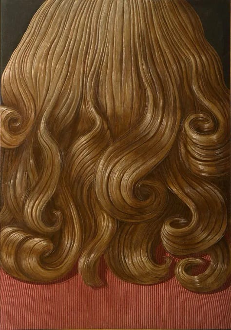 artworks of Domenico Gnoli, from left to right: a closeup of a green chemise, a closeup of curly red blonde hair, a closeup of a tie with red and blue stripes (all abstract)