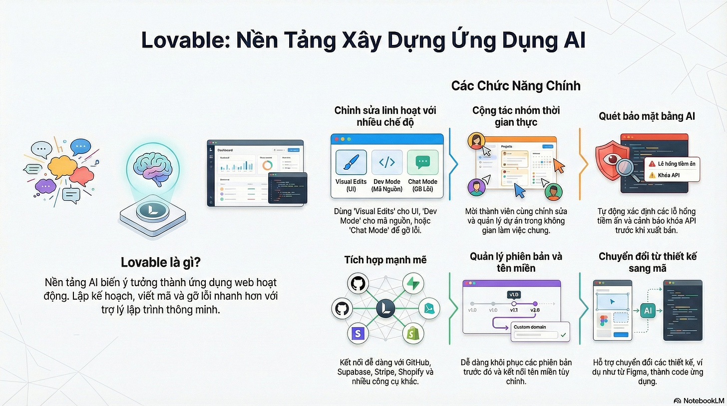 Có thể là đồ họa về văn bản cho biết 'Lovable: Nền Tảng Xây Dựng Ứng Dụng AI Các Chức Năng Chính Chinh sửa linh hoạt với nhiều chế độ Cộng tác nhóm thời gian thực Quét bằng MaNguòn) Visual Edits' 'Dev Mode nguồn, hoac Mode' Mời 8ιά*.AP Lovable là gì? Nền tảng biến tưởng thành ứng dụng web hoạt động. Lập kế hoạch, viết mã ã nhanh hơn với trợly lập trình thông minh. gian Tích hợp mạnh mẽ chung hồng động cánhb trược xuất Quản phiên bán và tên miền Chuyển thiết sang mã dàng GitHub, Supabase, Stripe, Shopify và khôi phục phiên chinh. ừng dụng. NotabookLM'
