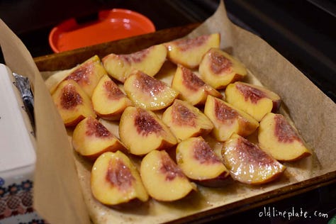 photos of peach cake dough rise and sliced peaches