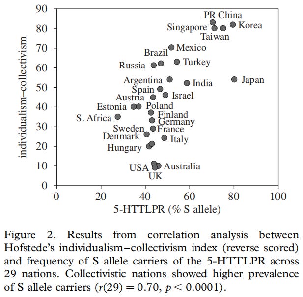 Collectivistic nations show a higher prevalence of S allele carriers (Chiao & Blizinsky, 2010).