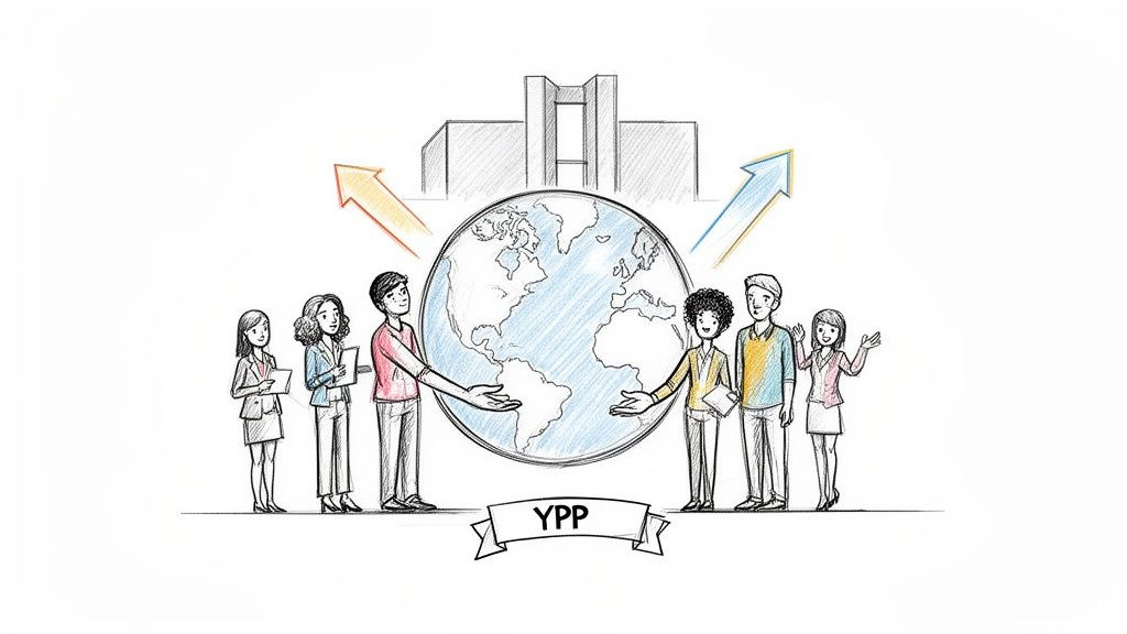Diverse young professionals gather around a globe, representing a global program with career opportunities. Diverse young professionals gather around a globe, representing a global program with career opportunities.