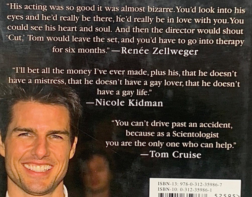a close crop on the back of a book cover, displaying three quotes about tom cruise and an image of the actor grinning in the bottom left corner.