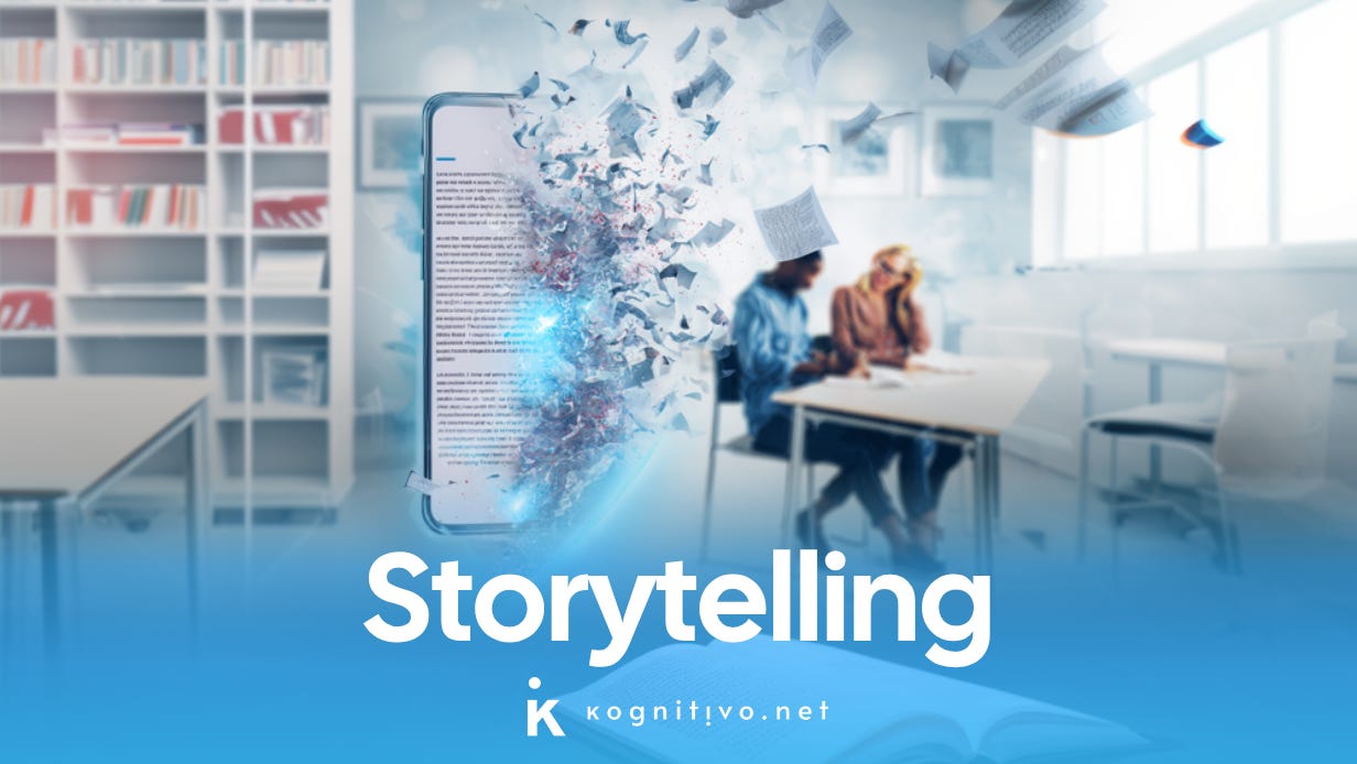 Image of a smartphone and two learners representing storytelling in learning.