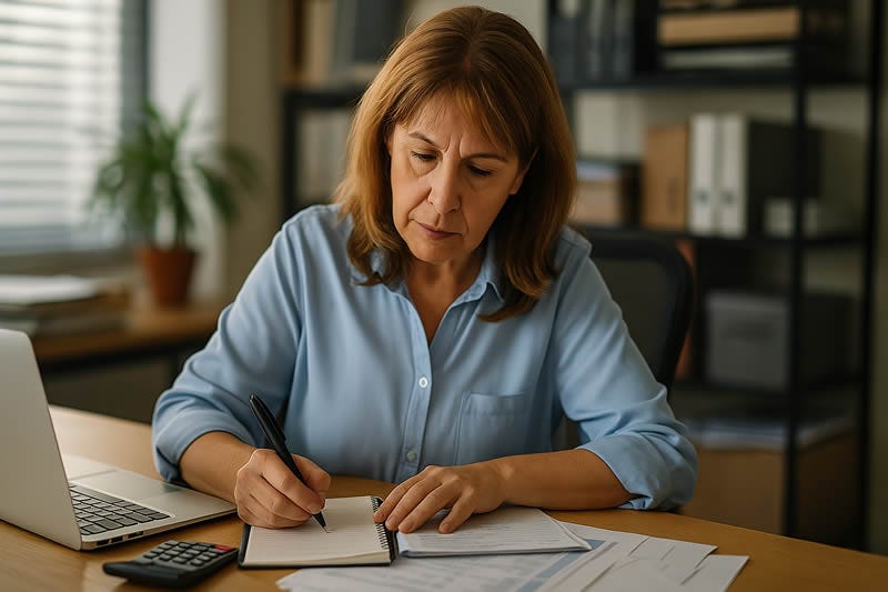 Una mujer de unos 52 años, llamada Yolanda, trabaja concentrada en su oficina con su portátil abierto y varios documentos sobre la mesa, mientras escribe en su cuaderno como parte de su proceso para recuperar la confianza a los 50 y compartir su experiencia profesional con los demás.