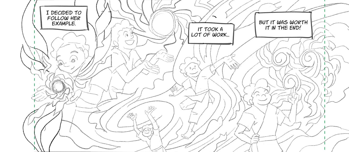 A comic book panel showing a young space monk in different poses, playing with waves of mystical life energy.