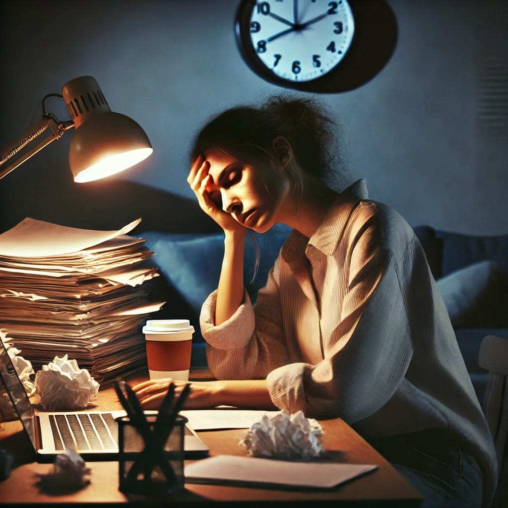 A tired and overwhelmed female academic sitting at her cluttered desk late at night. The desk is filled with piles of papers, a glowing laptop, and an empty coffee cup. The room is dimly lit by a desk lamp, highlighting her exhausted expression as she leans her head in her hand. The atmosphere is heavy, with a sense of burnout and mental fatigue. In the background, a wall-mounted clock shows it’s past midnight, emphasizing the long hours.
