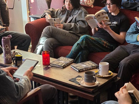 A grid of 9 images of Silent Book Club chapters reading Vigil by George Saunders 