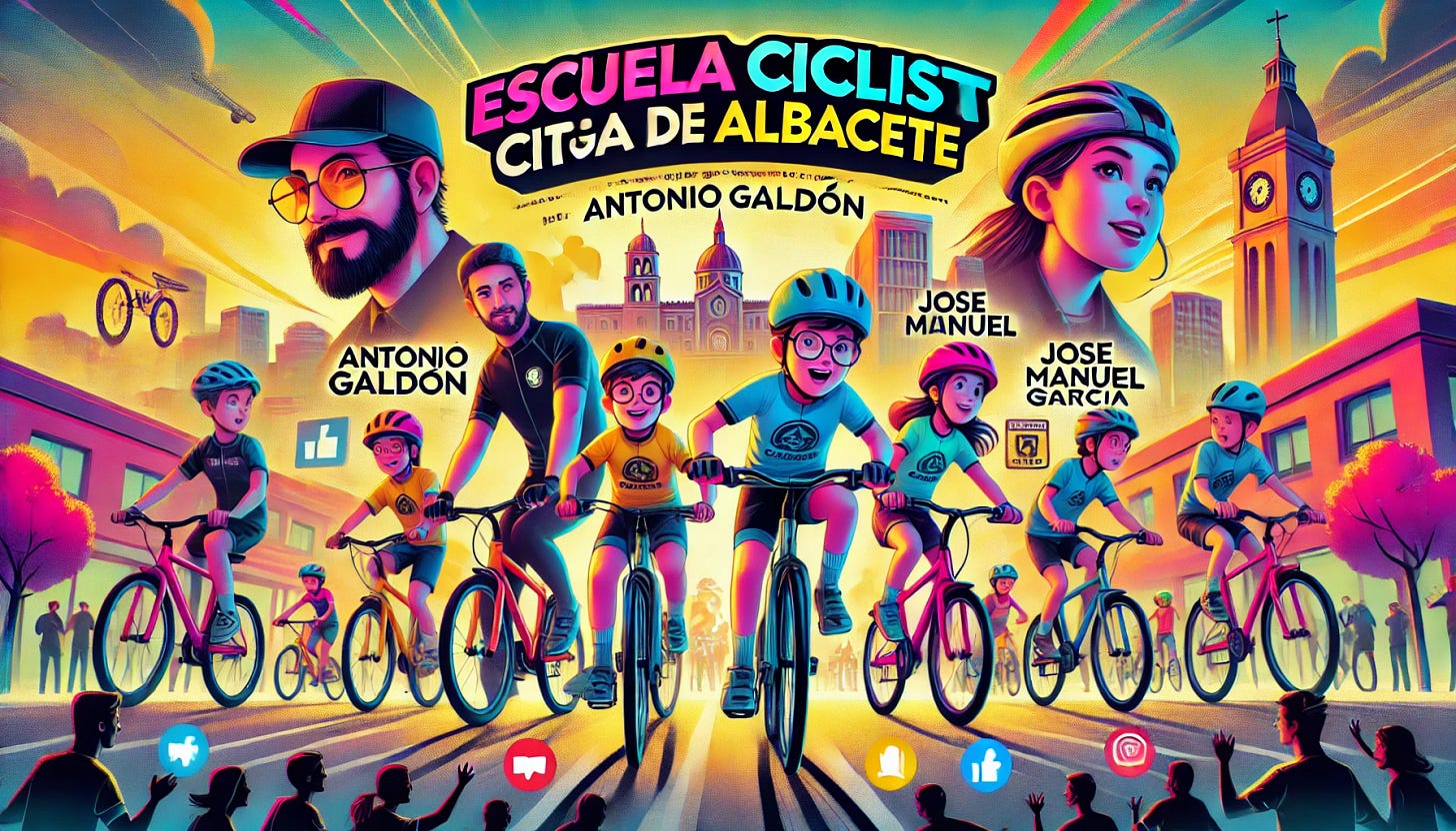 A vibrant and dynamic banner promoting the 'Escuela Ciclista Ciudad de Albacete.' The scene shows children between 6-14 years old riding bikes together in a fun, energetic environment with colorful bikes and helmets. The background includes the cityscape of Albacete with cheering parents in the distance, symbolizing a community event. Antonio Galdón and José Manuel García are portrayed as friendly cyclists guiding the kids, emphasizing teamwork, training, and fun. Bold text highlights the event, with social media icons and logos for promotion. Bright colors reflect excitement and energy.
