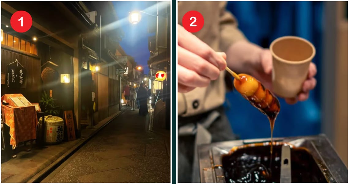This image features two scenes capturing the essence of Japanese street life at night. On the left, a narrow, lantern-lit alleyway evokes a traditional atmosphere with its wooden storefronts, a decorated sake barrel, and warm glow reflecting off the stone path. On the right, a close-up shot focuses on a skewer of Mitarashi Dango being dipped into a glossy, dark soy glaze, showcasing a popular sweet and savory street food being prepared for a customer.