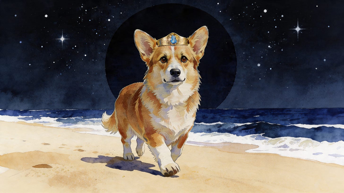 Prince Freddie walks an empty Spanish beach where the moon has gone missing — opening scene of a cozy bedtime sleep story.