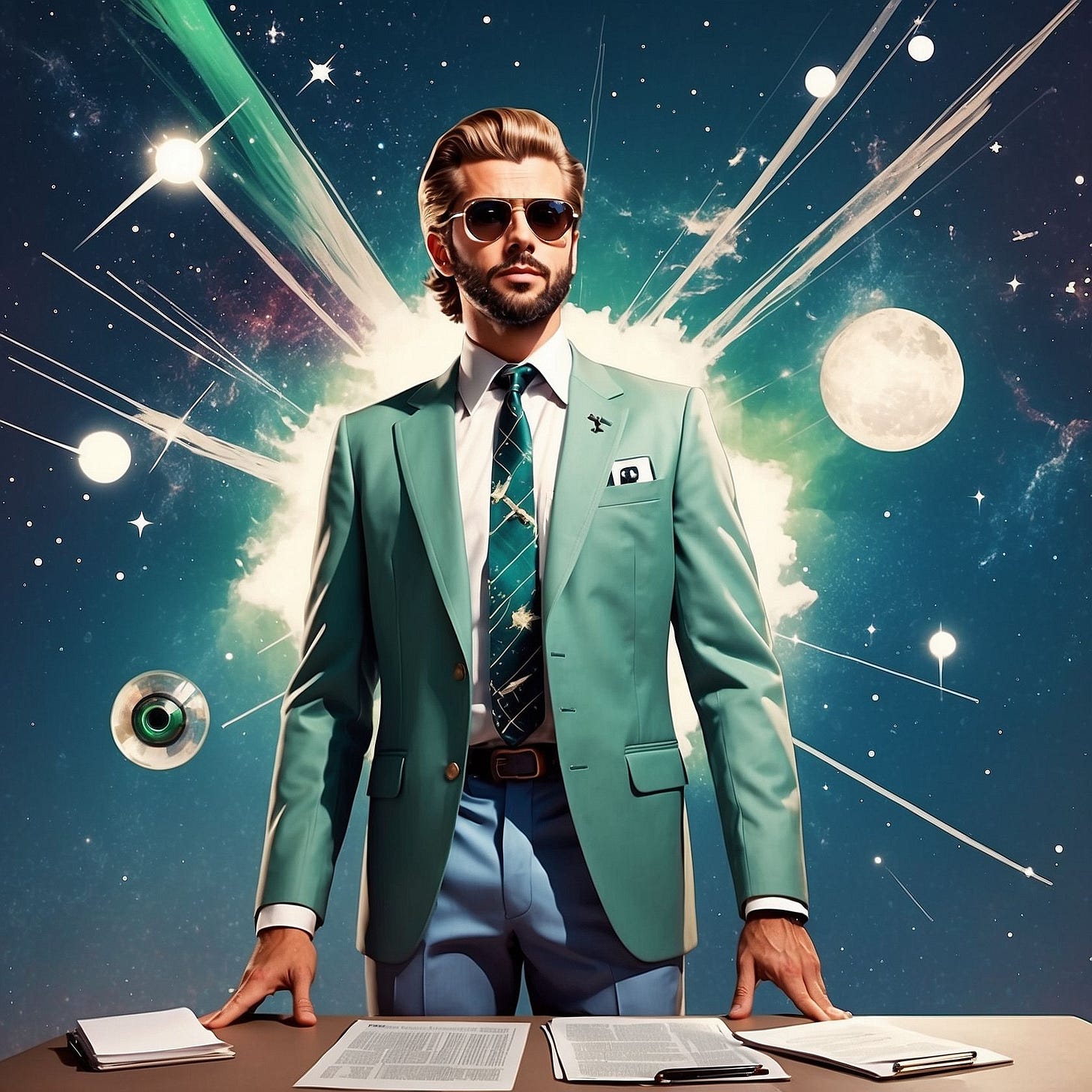 Stylized portrait of a confident man wearing a turquoise suit and floral shirt, set against a cosmic background with neon pink starburst lines radiating behind him. He wears reflective aviator sunglasses and has a well-groomed beard and slicked-back hair, evoking a retro-futuristic, 1980s-inspired aesthetic. Stylized portrait of a confident man wearing a turquoise suit and floral shirt, set against a cosmic background with neon pink starburst lines radiating behind him. He wears reflective aviator sunglasses and has a well-groomed beard and slicked-back hair, evoking a retro-futuristic, 1980s-inspired aesthetic.
