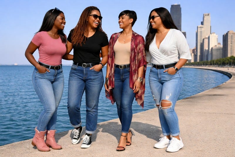 Four women wearing jeans and varying tops while talking in front of Chicago's lakefront Four women wearing jeans and varying tops while talking in front of Chicago's lakefront
