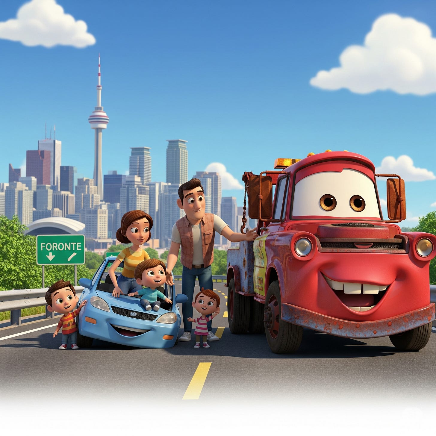A Pixar-style animation of a friendly, red tow truck with a face helping a smiling family of five whose small, blue car has broken down on the side of a highway. In the background, the Toronto skyline, including the CN Tower, is visible under a bright, sunny sky.