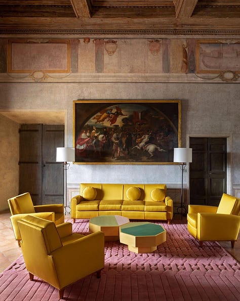 Interior design by India Mahdavi — bold color, sensual form, and a specific emotional atmosphere characteristic of her work. Design by India Mahdavi.