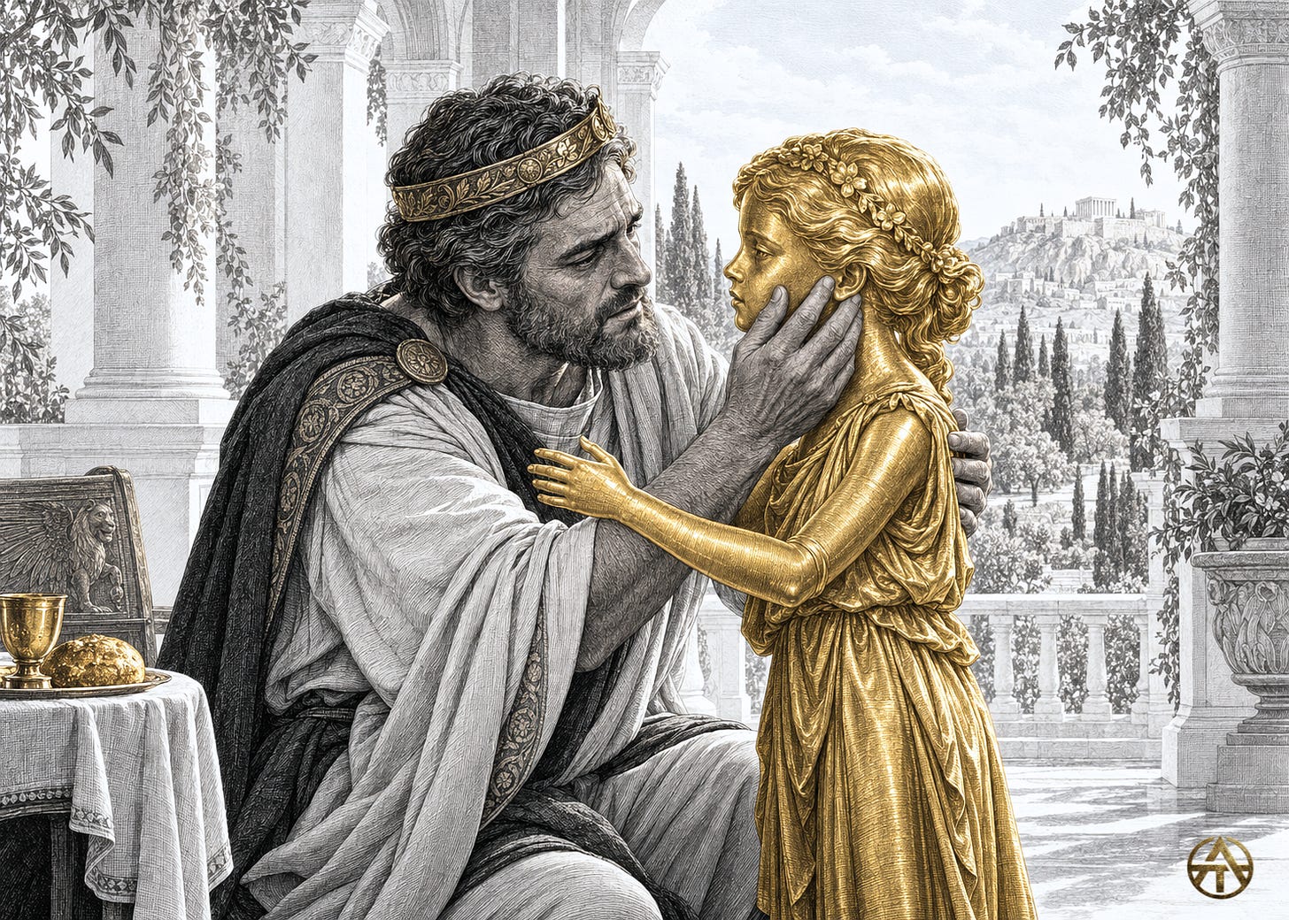 King Midas gently touches his daughter’s face after she has become a golden statue, surrounded by a palace rendered in black-and-white linework.