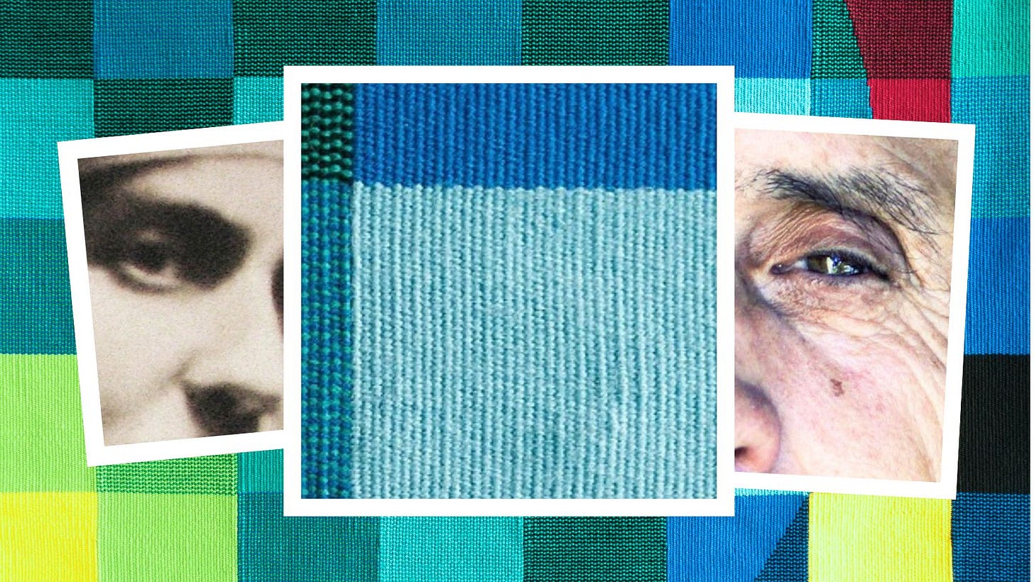 Against a colorful geometric tapestry we see 3 polaroid style images from left to right a womans eye a zoomed in section of the tapestry and an old Hispanic mans eye
