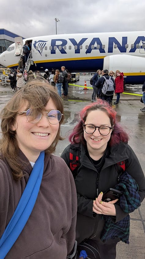 Series of photos of Ellen in Bucharest, including a selfie of her and Michelle in front of a Ryan Air plane, one of her running in an icy park and a view of the big pool at the spa.