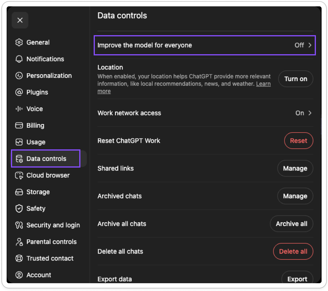 ChatGPT Data controls settings showing the toggle for improving the model for everyone set to off, alongside location, shared links, archived chats, and export options.