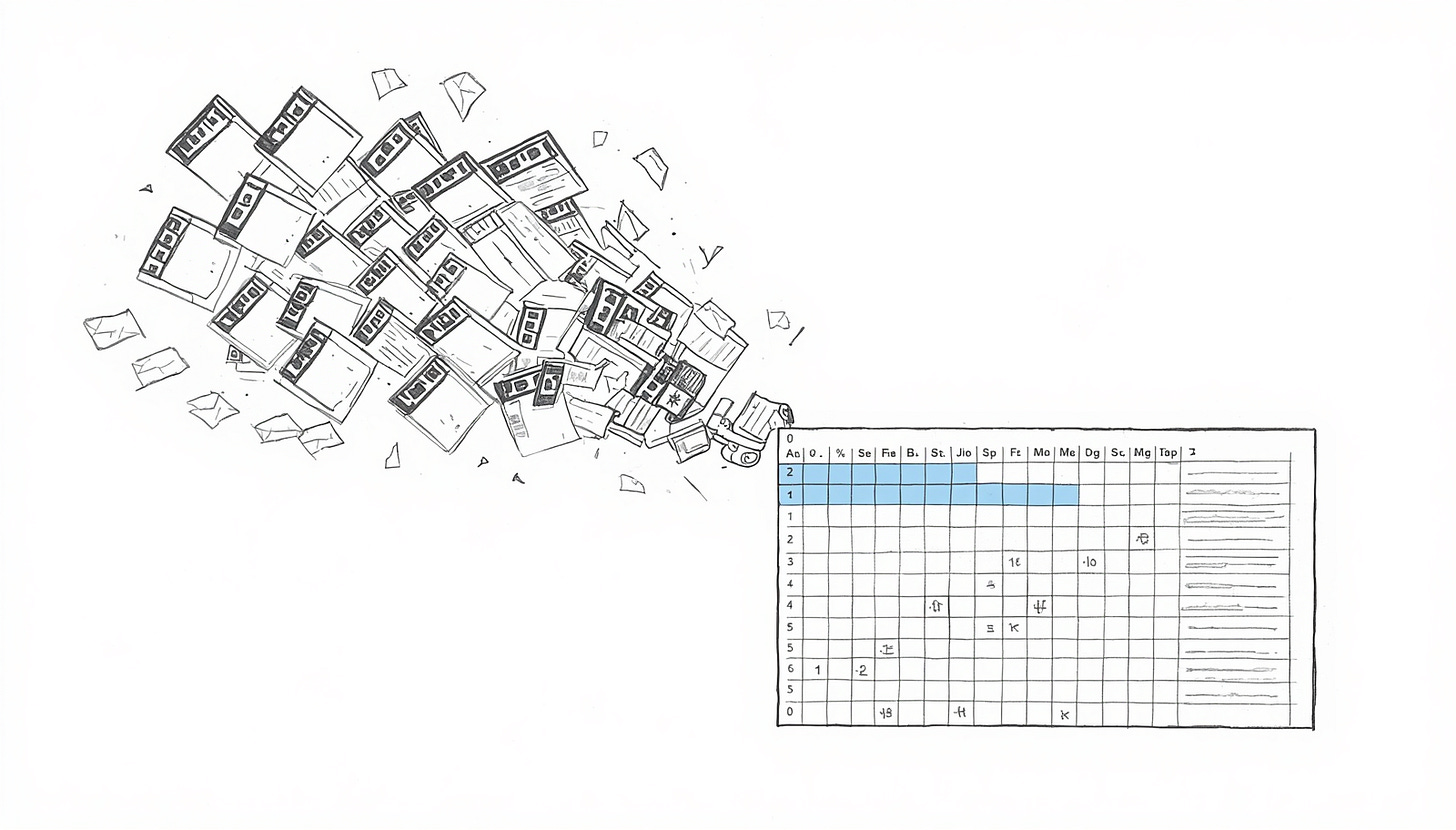 Twenty chaotic browser tabs are pressed into one orderly spreadsheet for comparison.