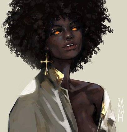 A Black vampire with a gold cross earring and orange eyes.