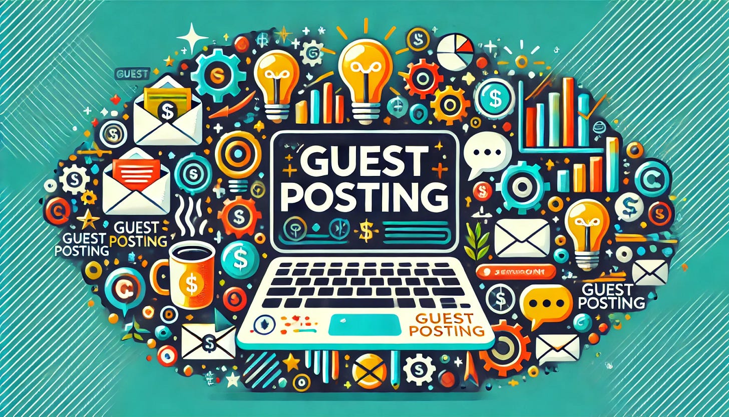A vibrant and colorful digital illustration showcasing the concept of 'Guest Posting.' At the center, a laptop with the words 'Guest Posting' displayed prominently on the screen. Surrounding the laptop are various floating icons and elements that symbolize blogging, collaboration, and creativity, including a lightbulb, dollar sign, coffee mug, gears, speech bubbles, an envelope, and books. The background is teal with small abstract decorations like stars and dots. The design has a modern and minimalistic aesthetic with flat, clean lines and bold, bright colors. The overall theme is professional and inspiring.