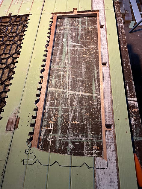 a set of photos showing the rebating, glueing, sanding and painting of a set of wooden doors.