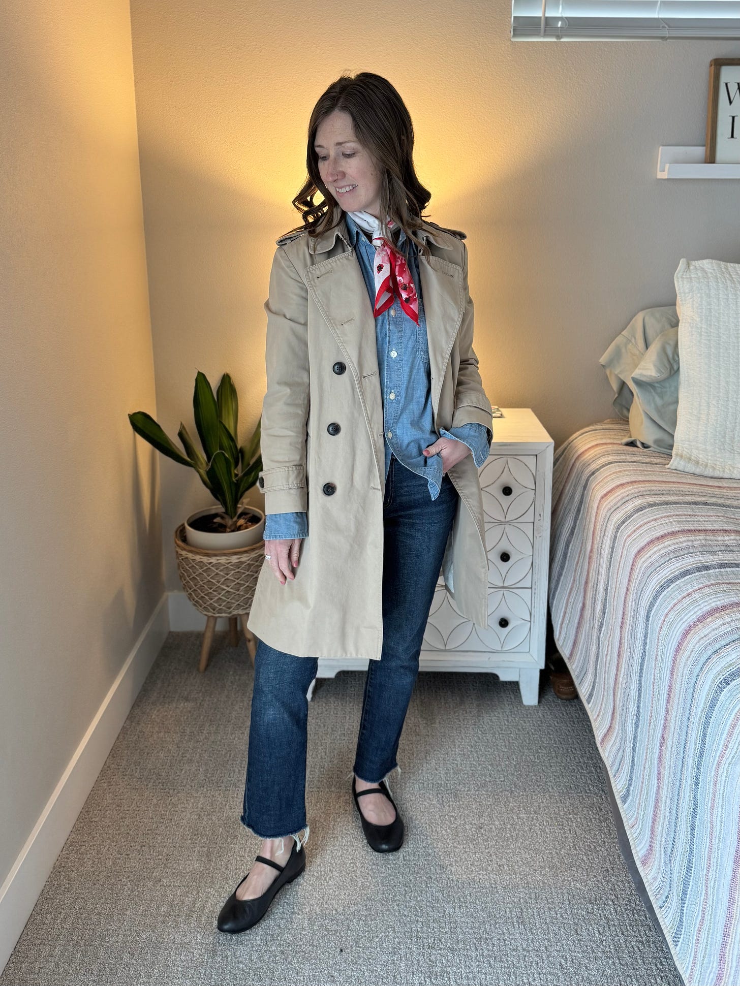 French girl style, trench coat style, denim on denim outfit