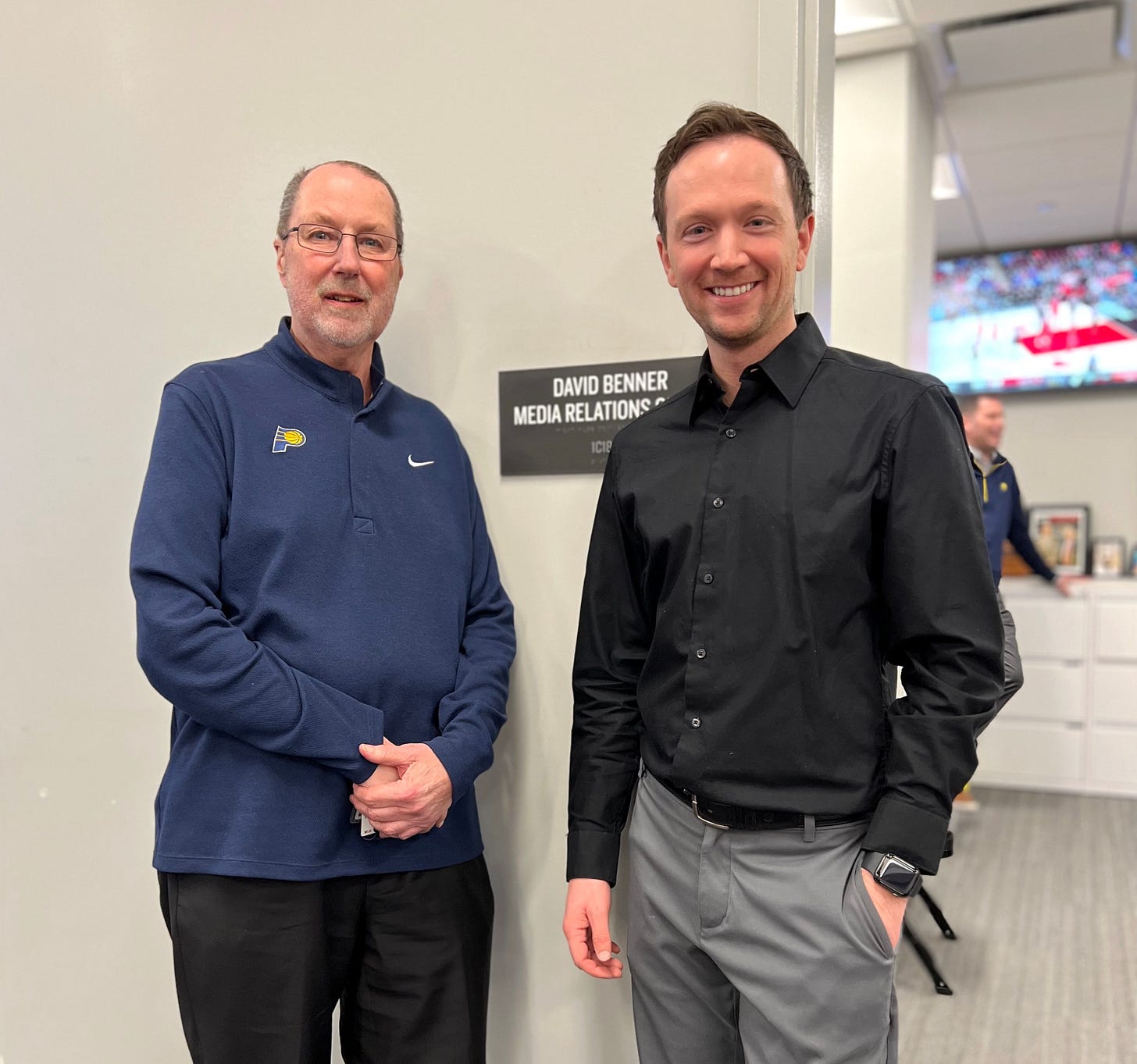 David Benner and Scott Agness after a Pacers home game in 2022.