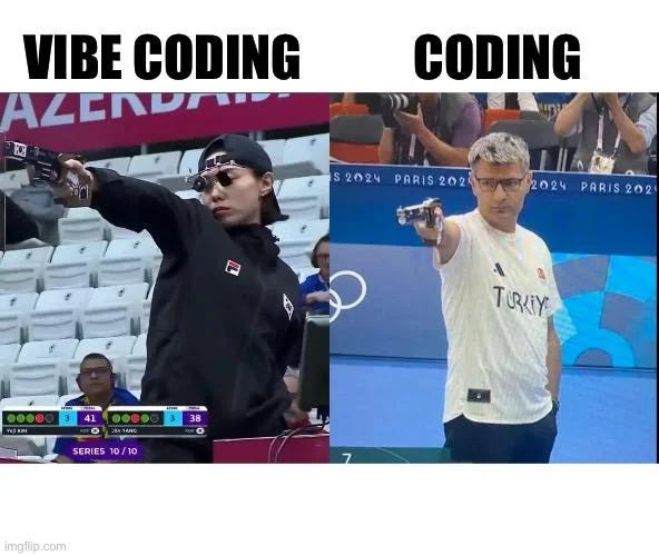 Meme comparing vibe coding and traditional coding using two shooters aiming at a target, symbolising how AI-assisted development keeps the precision but changes the rhythm and style of software creation. Meme comparing vibe coding and traditional coding using two shooters aiming at a target, symbolising how AI-assisted development keeps the precision but changes the rhythm and style of software creation.