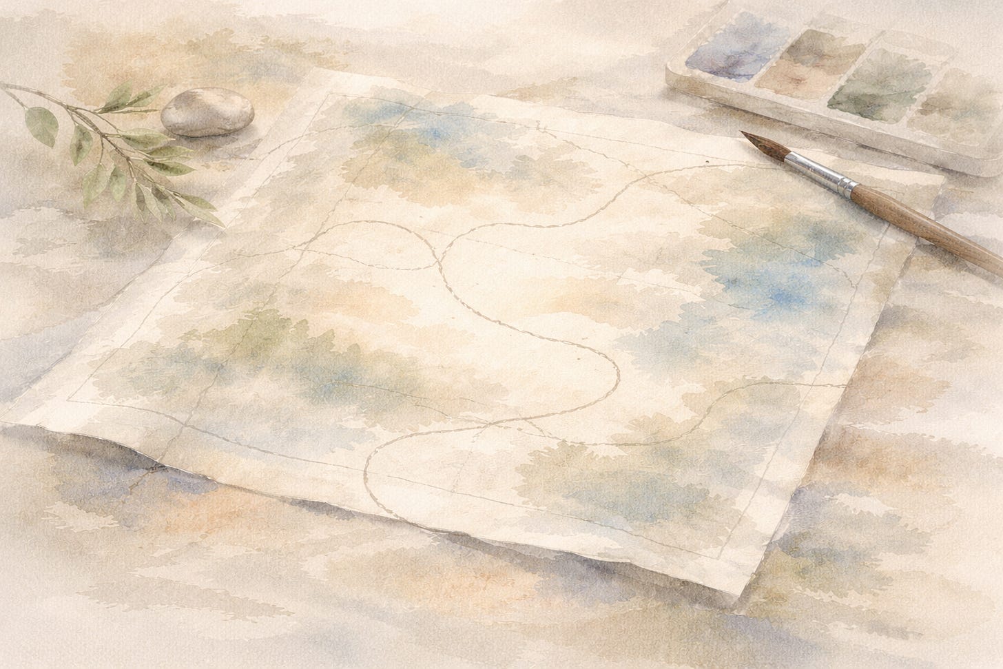 Soft watercolor of a hand-drawn map with a winding path, paintbrush, and gentle tools nearby, symbolizing moving forward with support, resilience, and learning along the way. Soft watercolor of a hand-drawn map with a winding path, paintbrush, and gentle tools nearby, symbolizing moving forward with support, resilience, and learning along the way.